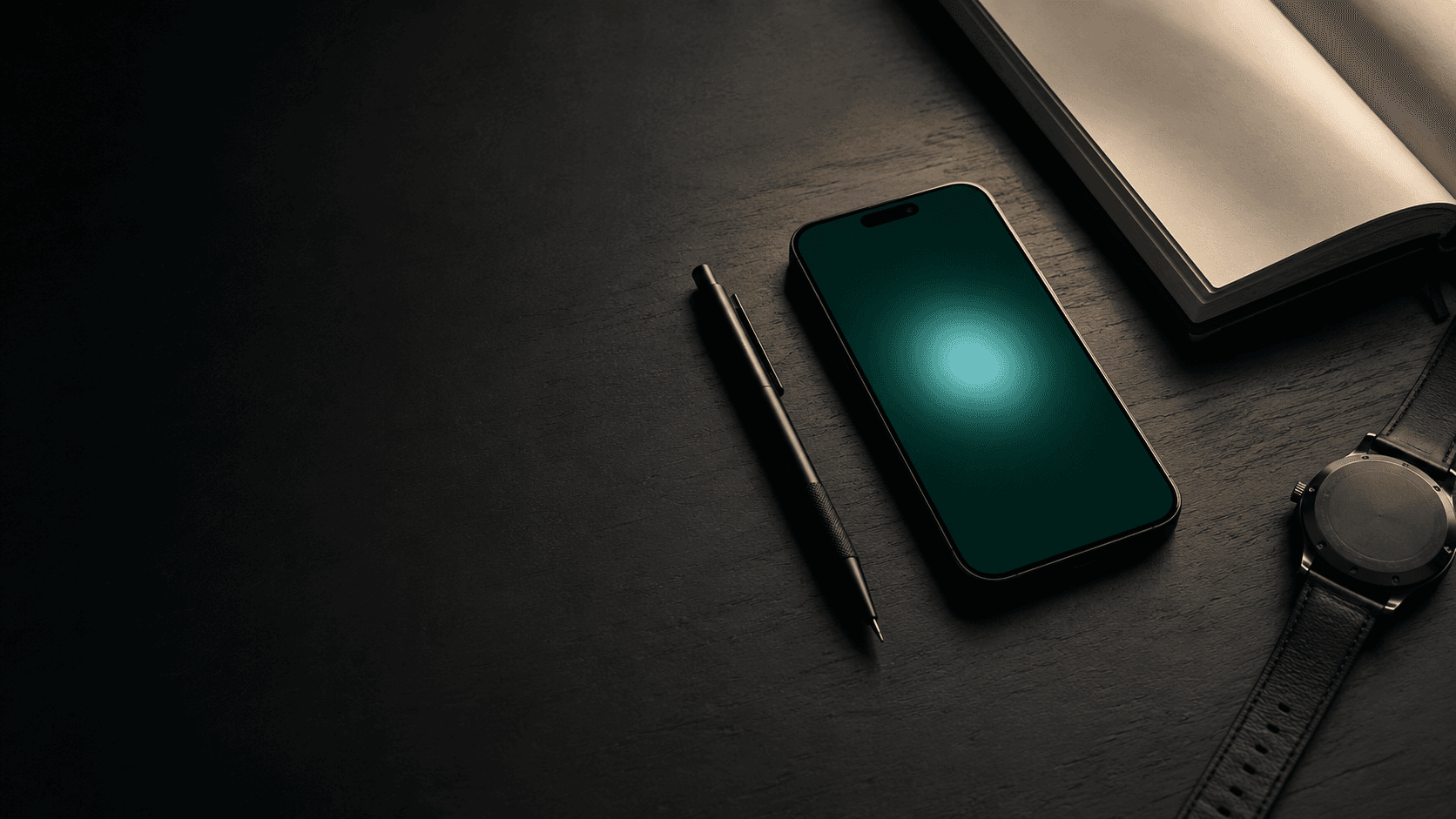 Focus ambiance, iPhone showing the Arnasea app in box breathing mode, blue-green square pattern, clean desk before action.