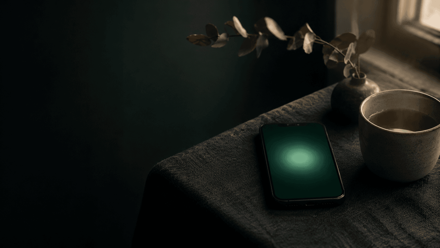 Ambiance posée, iPhone affichant l'app Arnasea en cohérence cardiaque, blob vert calme, lumière douce de fin d'après-midi.