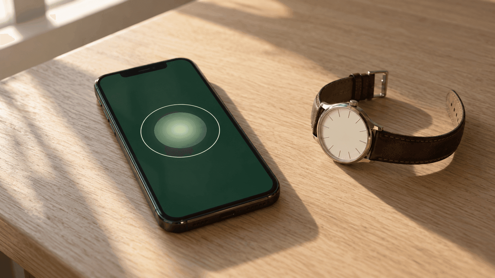 Afternoon light on an oak desk, an iPhone showing the Arnasea app with its green breathing orb, a leather watch set down beside it, off the wrist.
