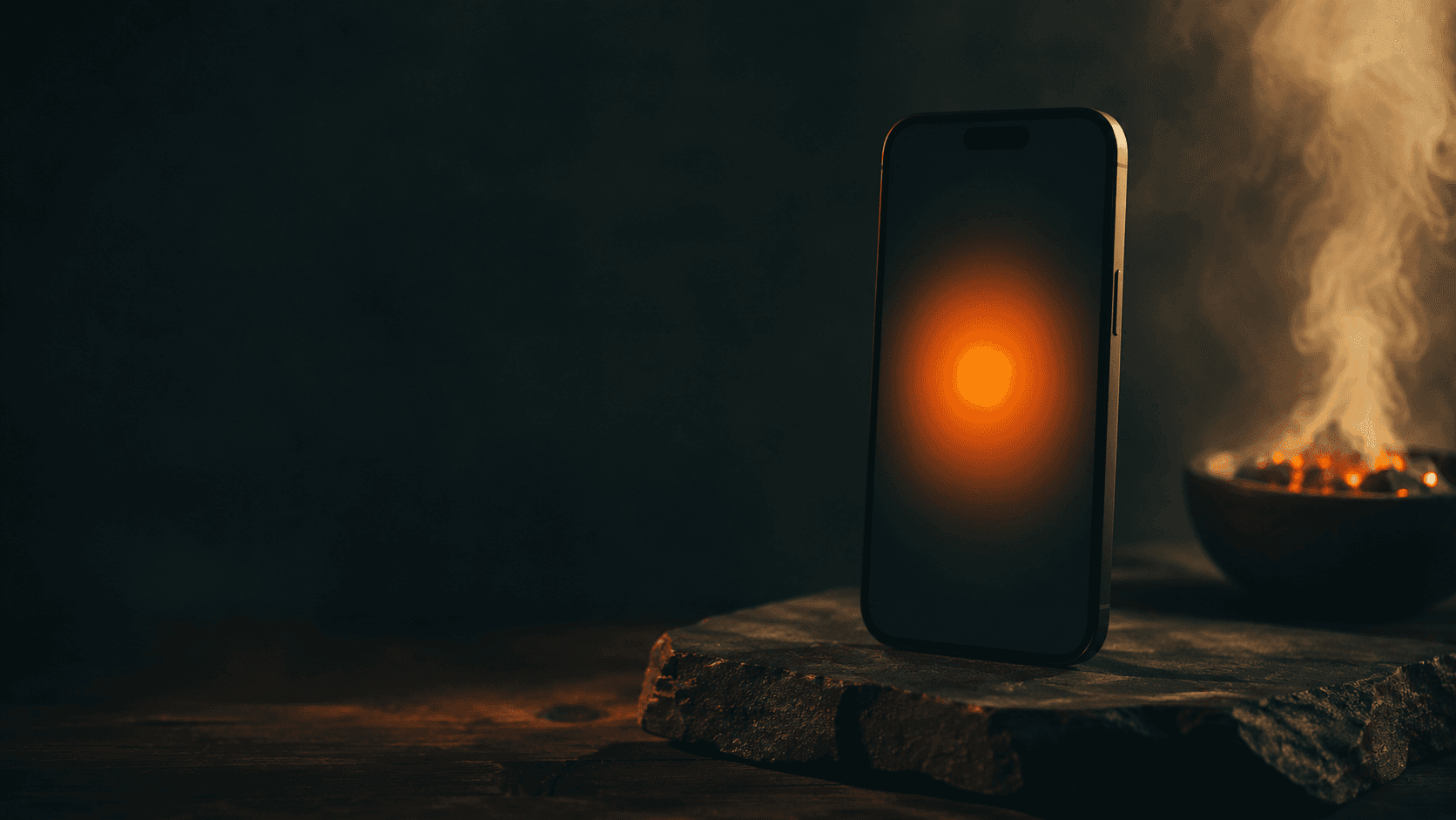 Inner-fire ambiance, iPhone showing the Arnasea app with the orange Tummo blob, on a warm background.